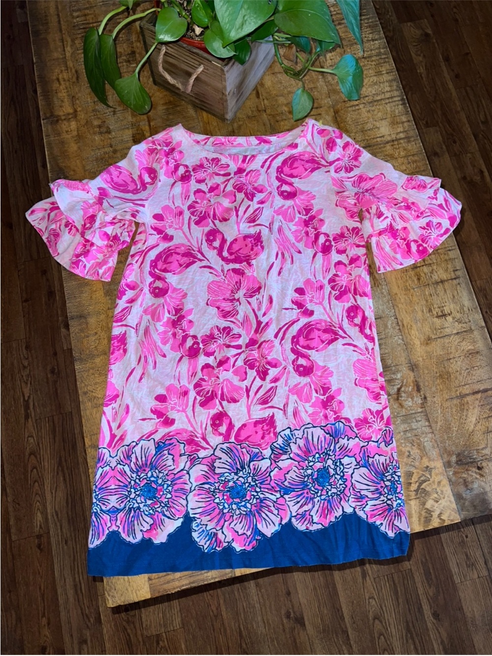 Lilly Pulitzer Lula Coral Reef Flamingo Ruffle Flounce Dress Size L